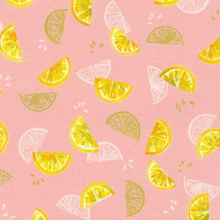 Fabric Lemon Wedges Metallic Gold Pink cotton fabric - Rose Lemonade by Robert Kaufman