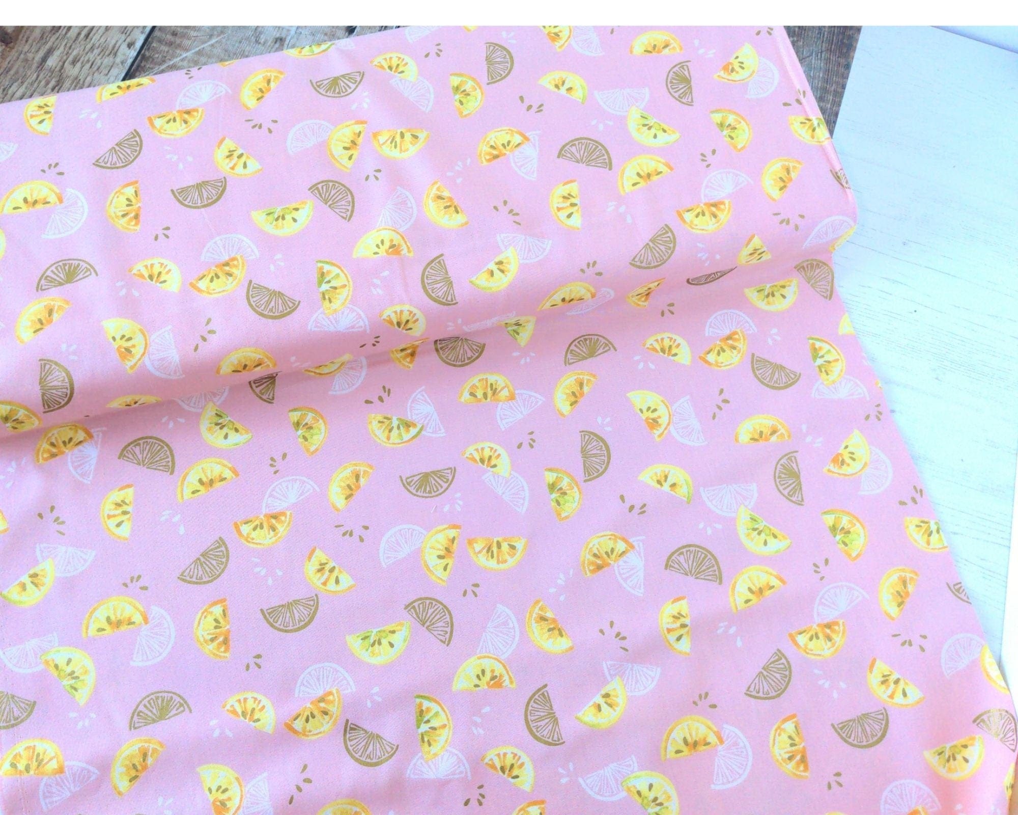 Fabric Lemon Wedges Metallic Gold Pink cotton fabric - Rose Lemonade by Robert Kaufman