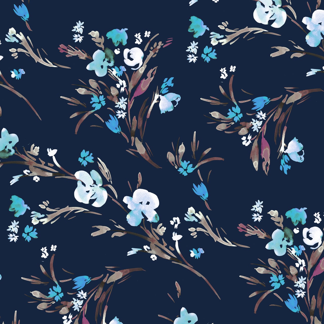 Fabric Light Blue Flowers on Dark Navy Cotton Lawn fabric - Flourish by Dashwood Studio