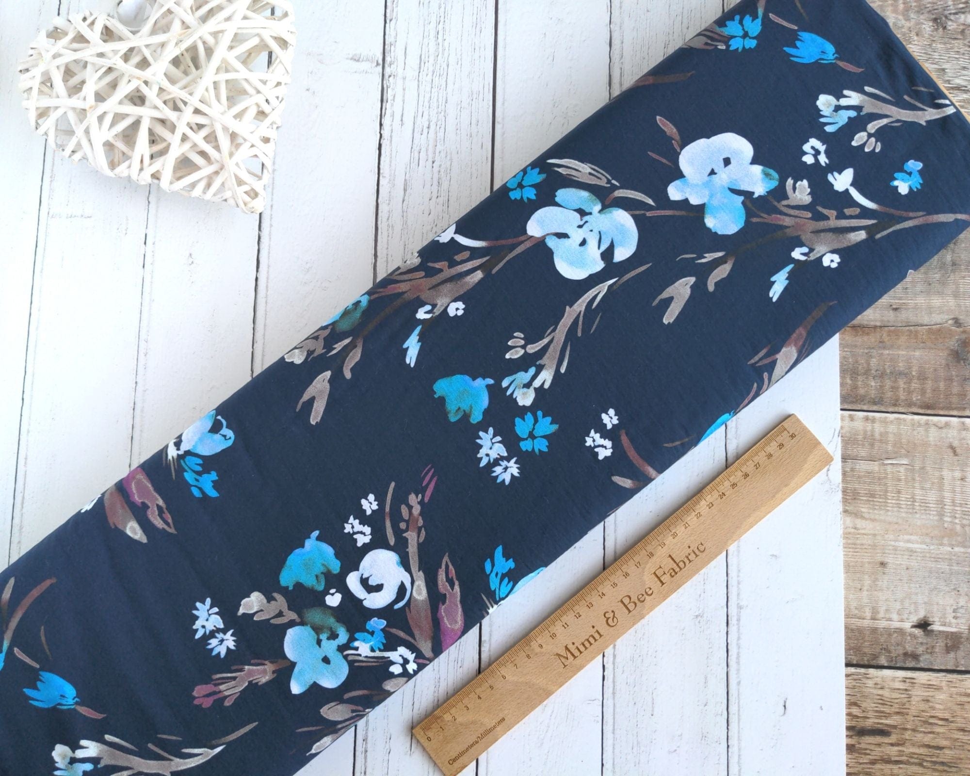 Fabric Light Blue Flowers on Dark Navy Cotton Lawn fabric - Flourish by Dashwood Studio