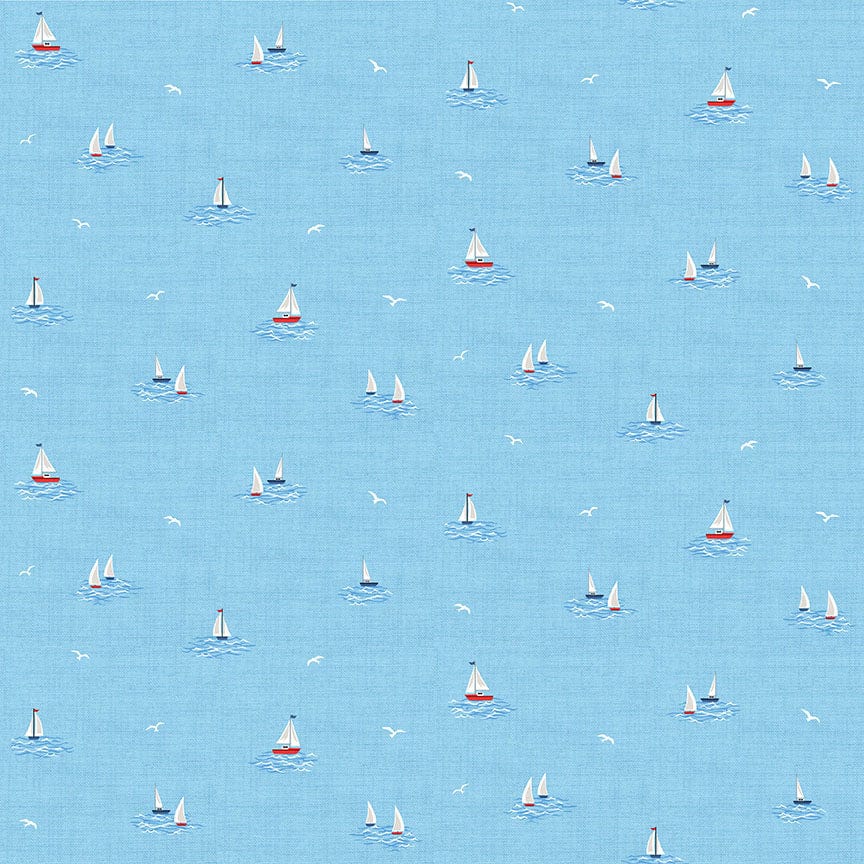 Fabric Lighthouses Clouds on light blue cotton fabric- Nautical by Makower