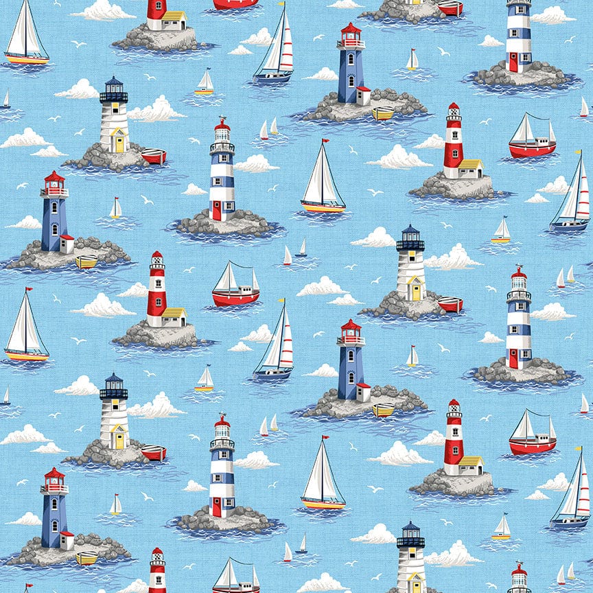 Fabric Lighthouses Clouds on light blue cotton fabric- Nautical by Makower
