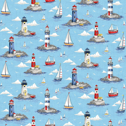 Fabric Lighthouses Clouds on light blue cotton fabric- Nautical by Makower