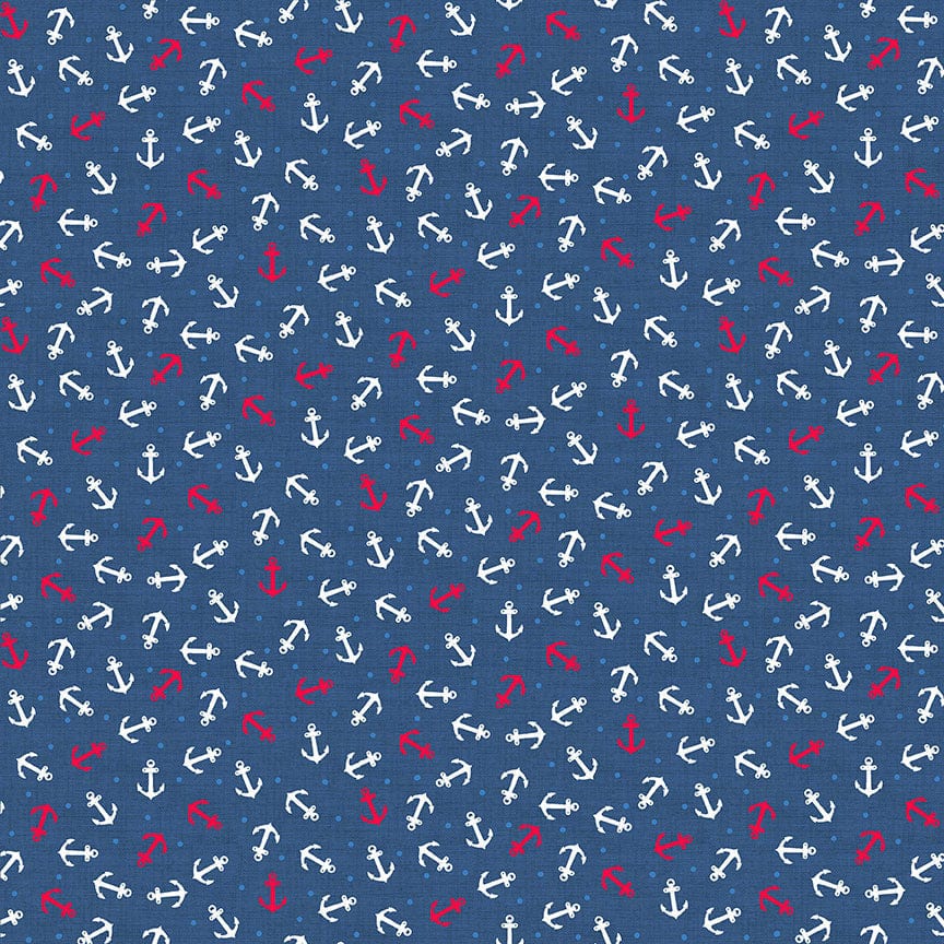 Fabric Little Anchors on dark blue cotton fabric- Nautical by Makower