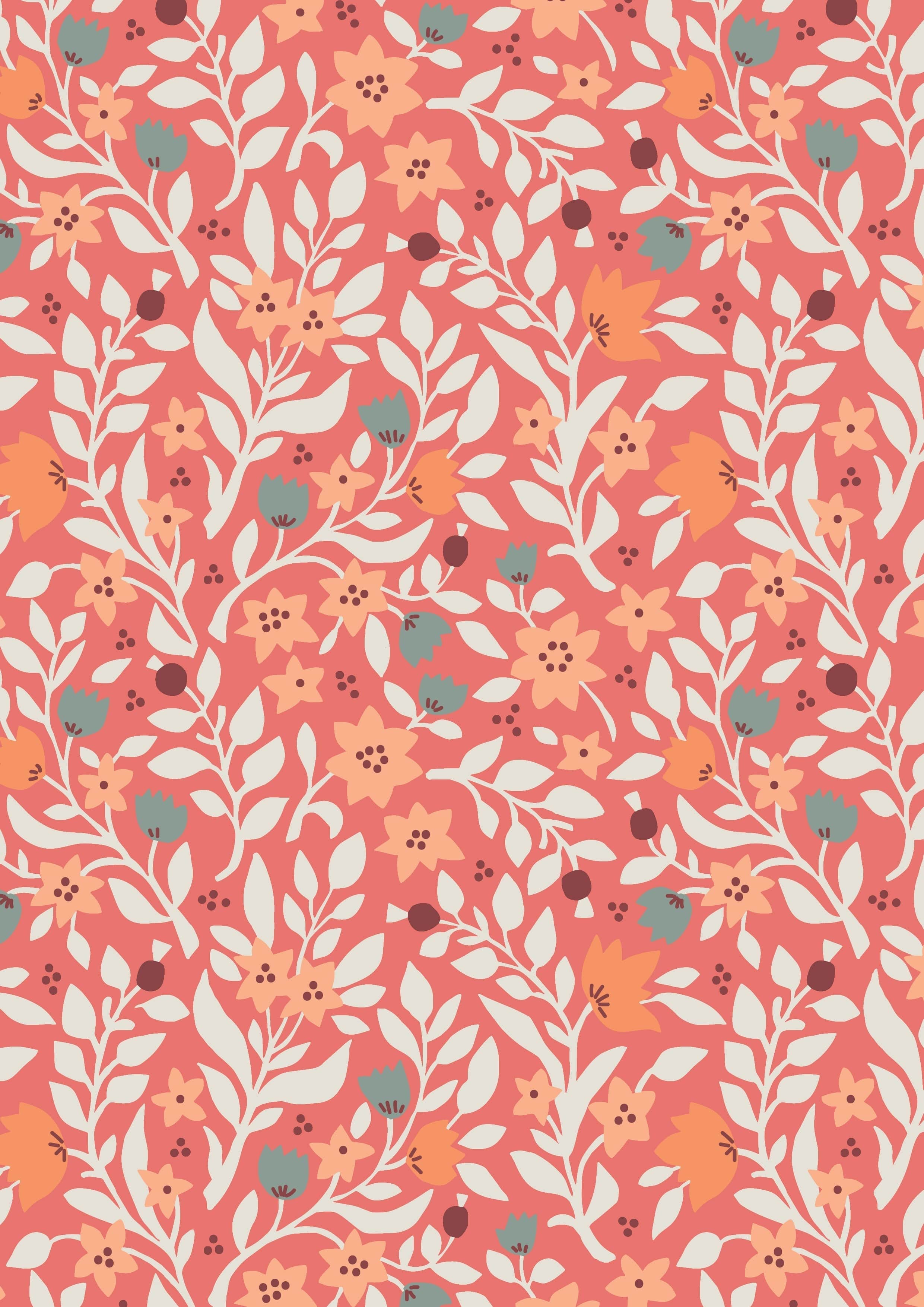 Fabric Little Coral Flowers on Cream cotton fabric - Folk Floral by Lewis & Irene