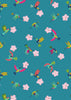 Hummingbirds drinking nectar from pale pink hibiscus flowers on turquoise cotton fabric - Hibiscus Hummingbird by Lewis and Irene