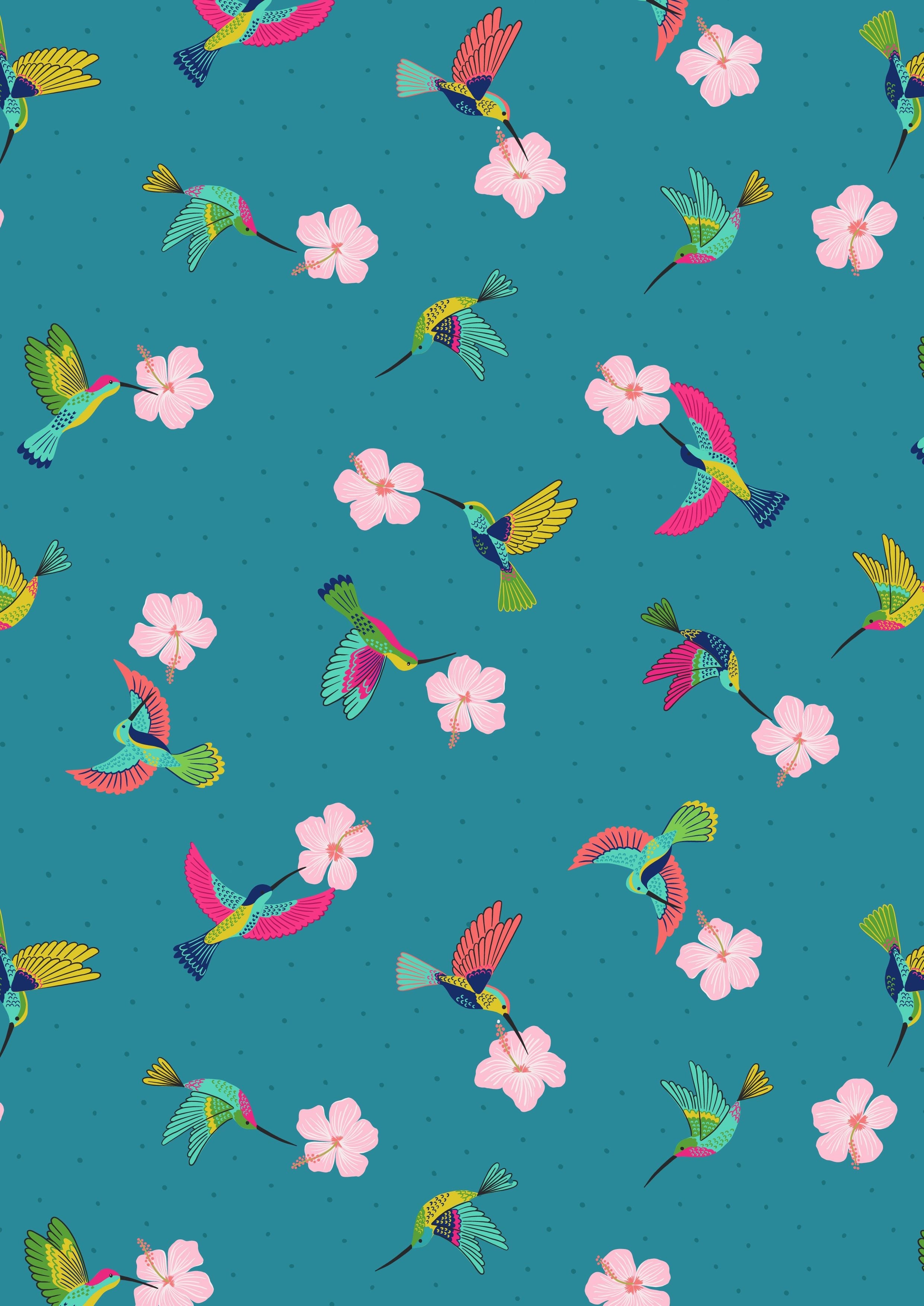 Daisies on a navy cotton fabric 'Hibiscus Hummingbird'