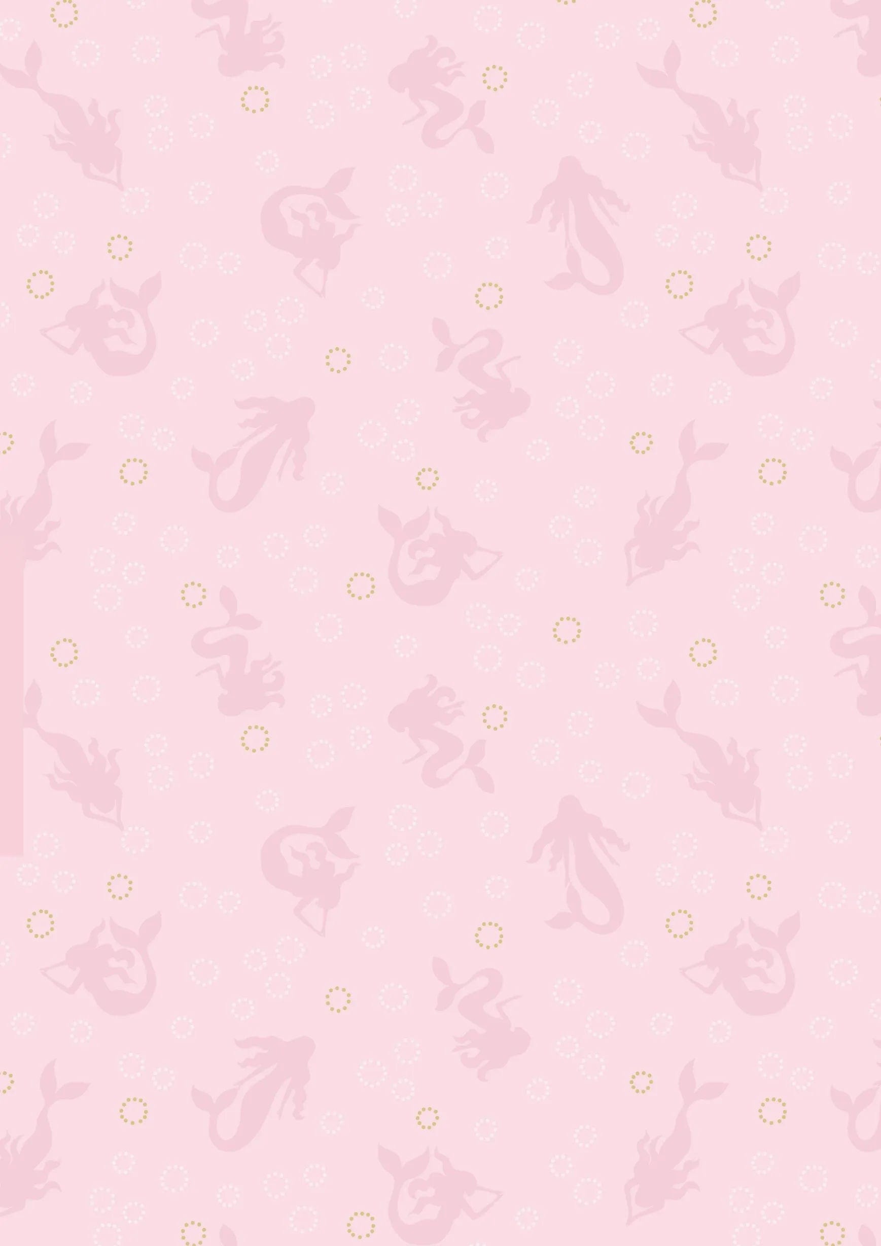 Fabric Mermaids on pink with gold metallic bubbles on cotton fabric - 'Moontide' Lewis & Irene