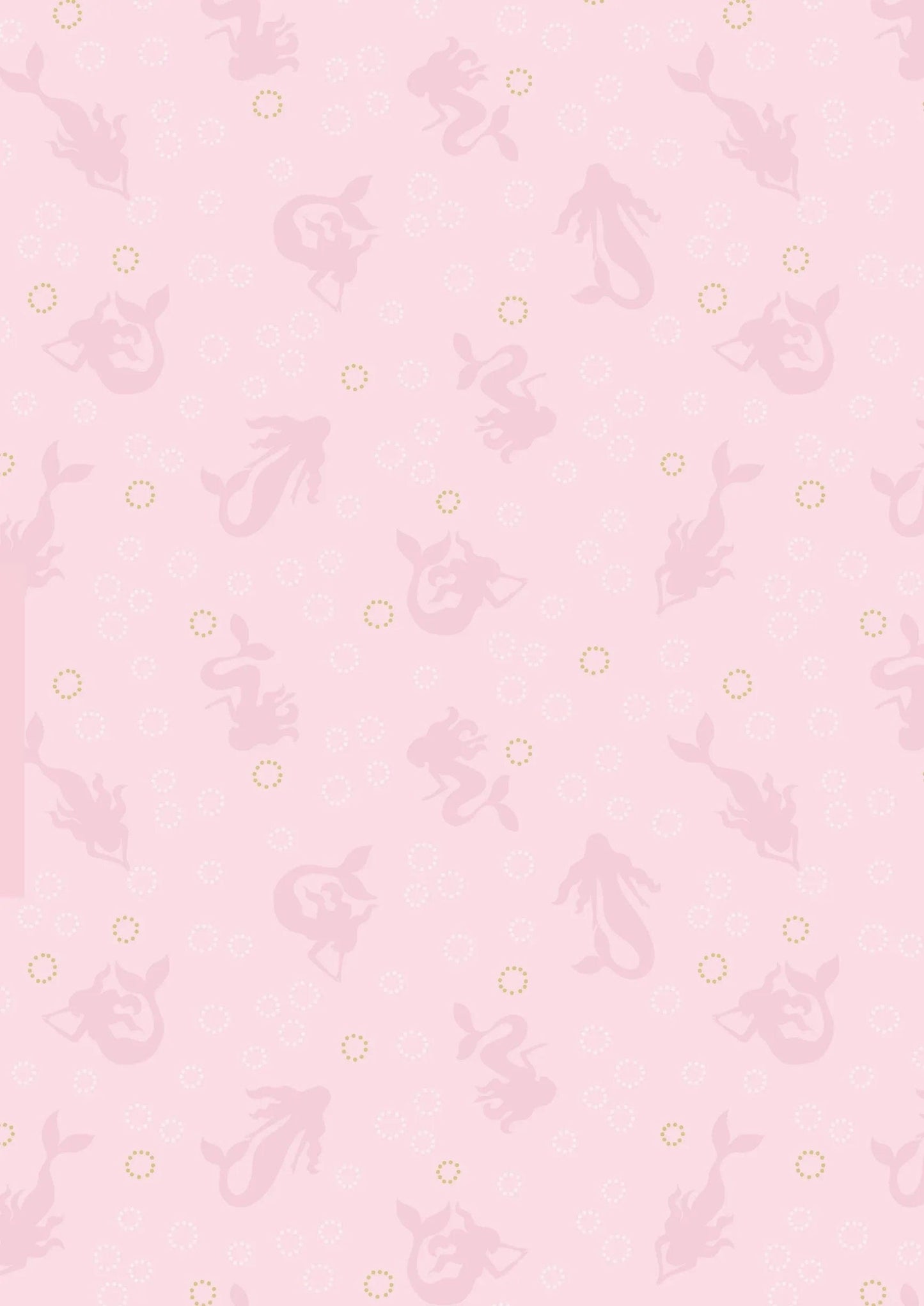 Fabric Mermaids on pink with gold metallic bubbles on cotton fabric - 'Moontide' Lewis & Irene
