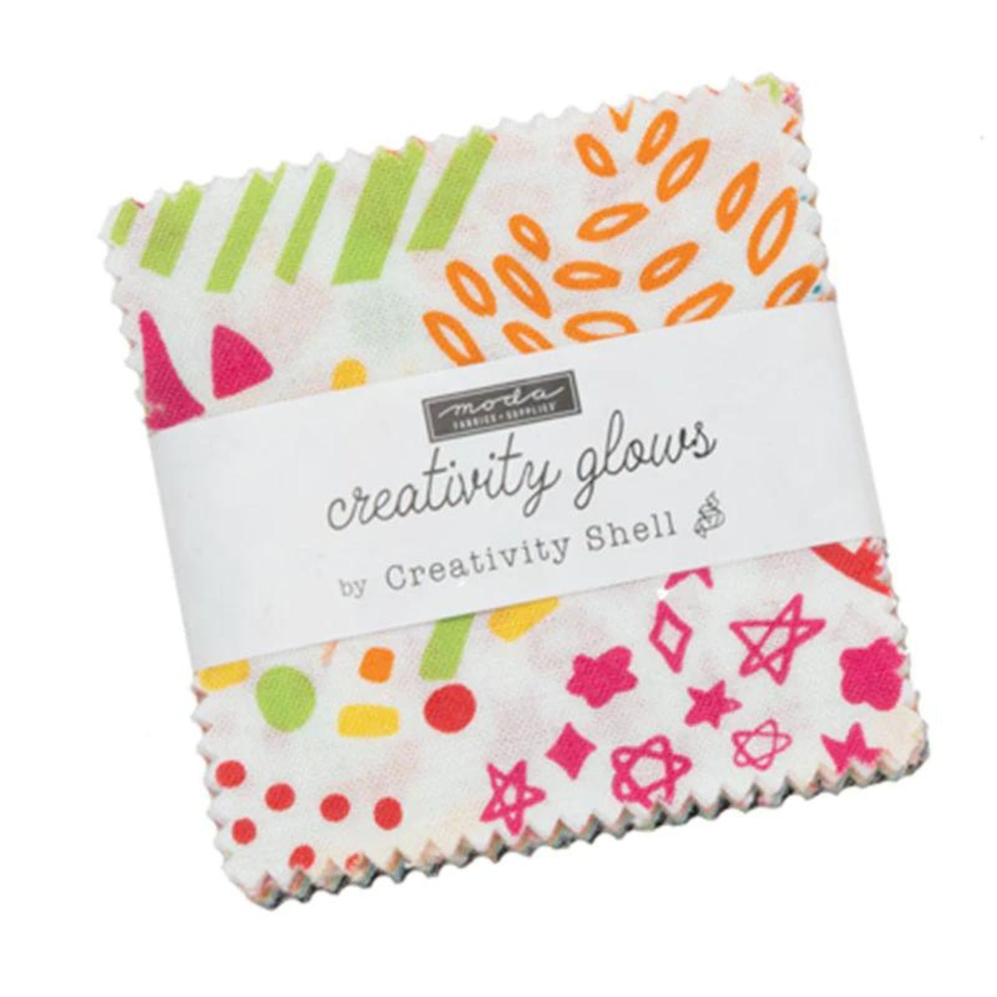 Brightly coloured primary colours and shapes - Creativity Glows charm pack by Moda