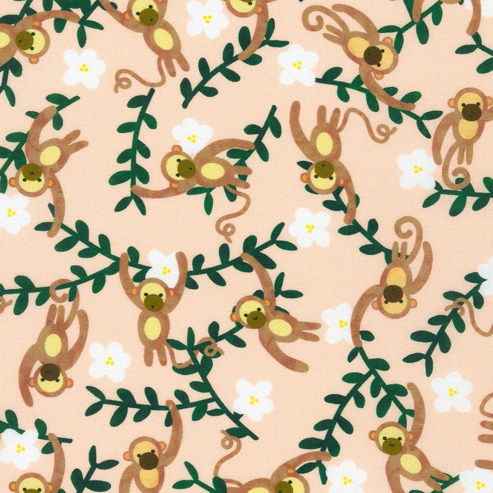 fabric Monkeys on peach cotton fabric - Rainforest Friends - Robert Kaufman