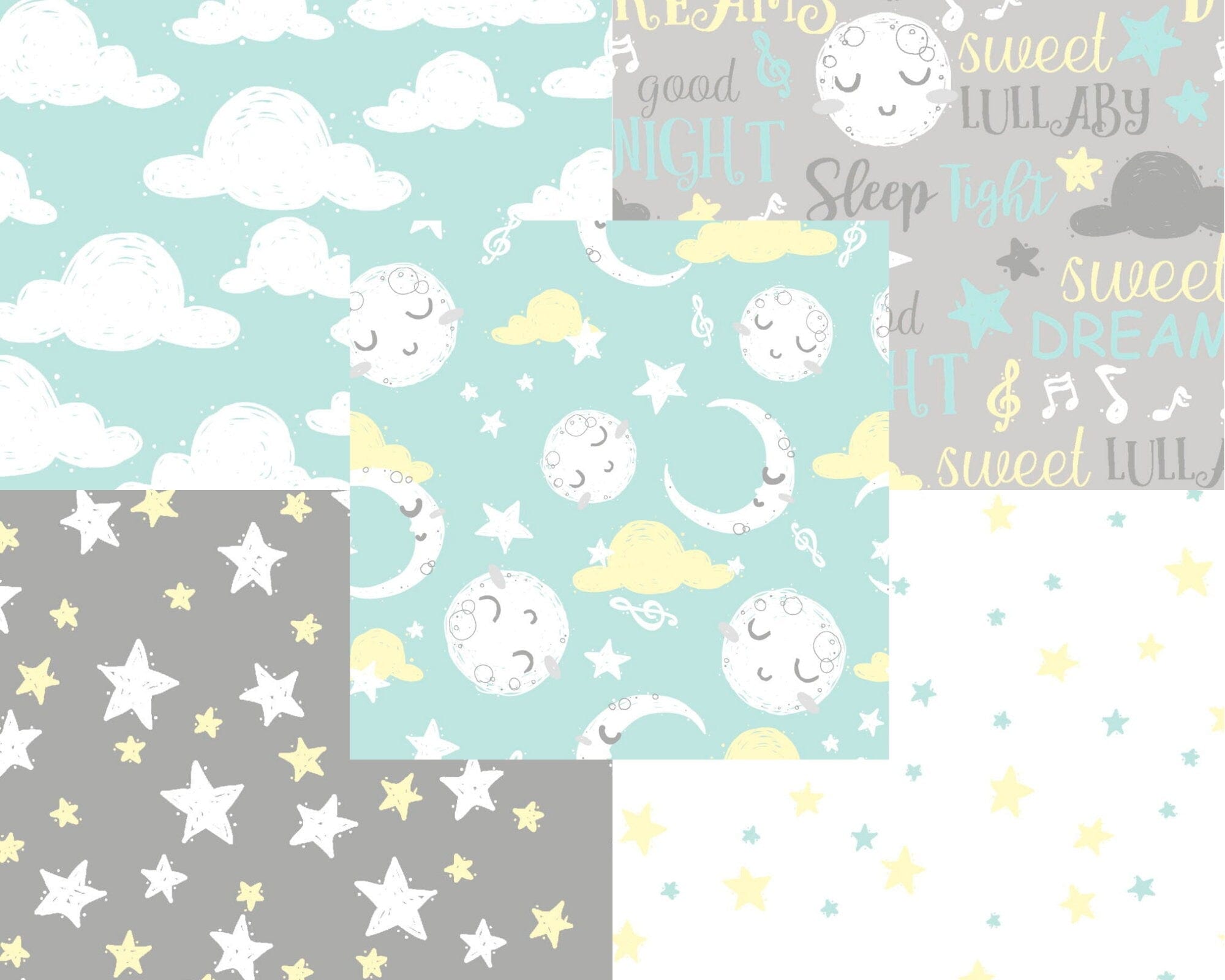 Fabric Moon and stars nursery 100% cotton fabric in mint green - 'Good night' fabric editions