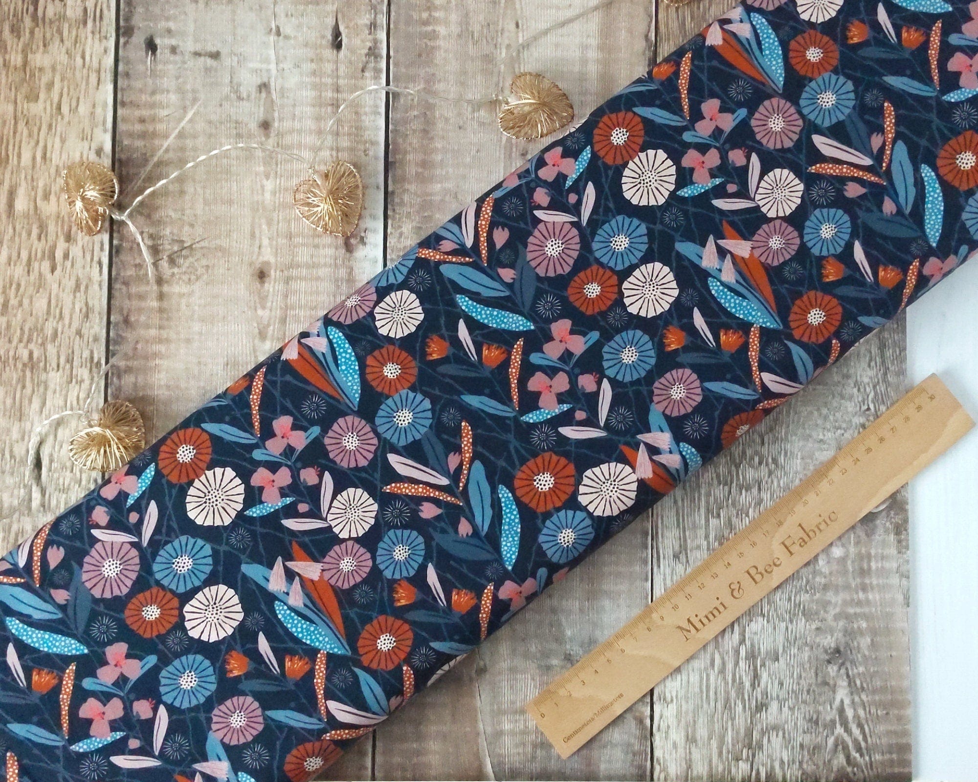 Fabric Navy floral autumnal wide dressmaking cotton fabric - Woodland Notions by Dashwood Studio