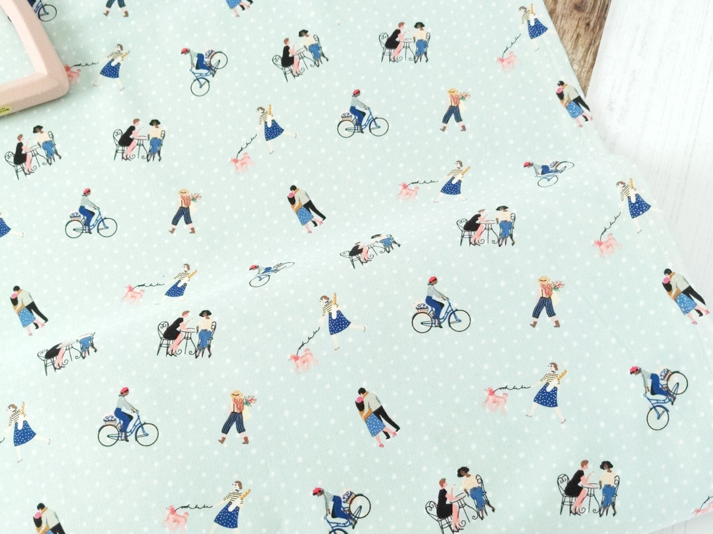Fabric Paris mint green cotton fabric with white polka dots - 'Saturday in Paris' Riley Blake