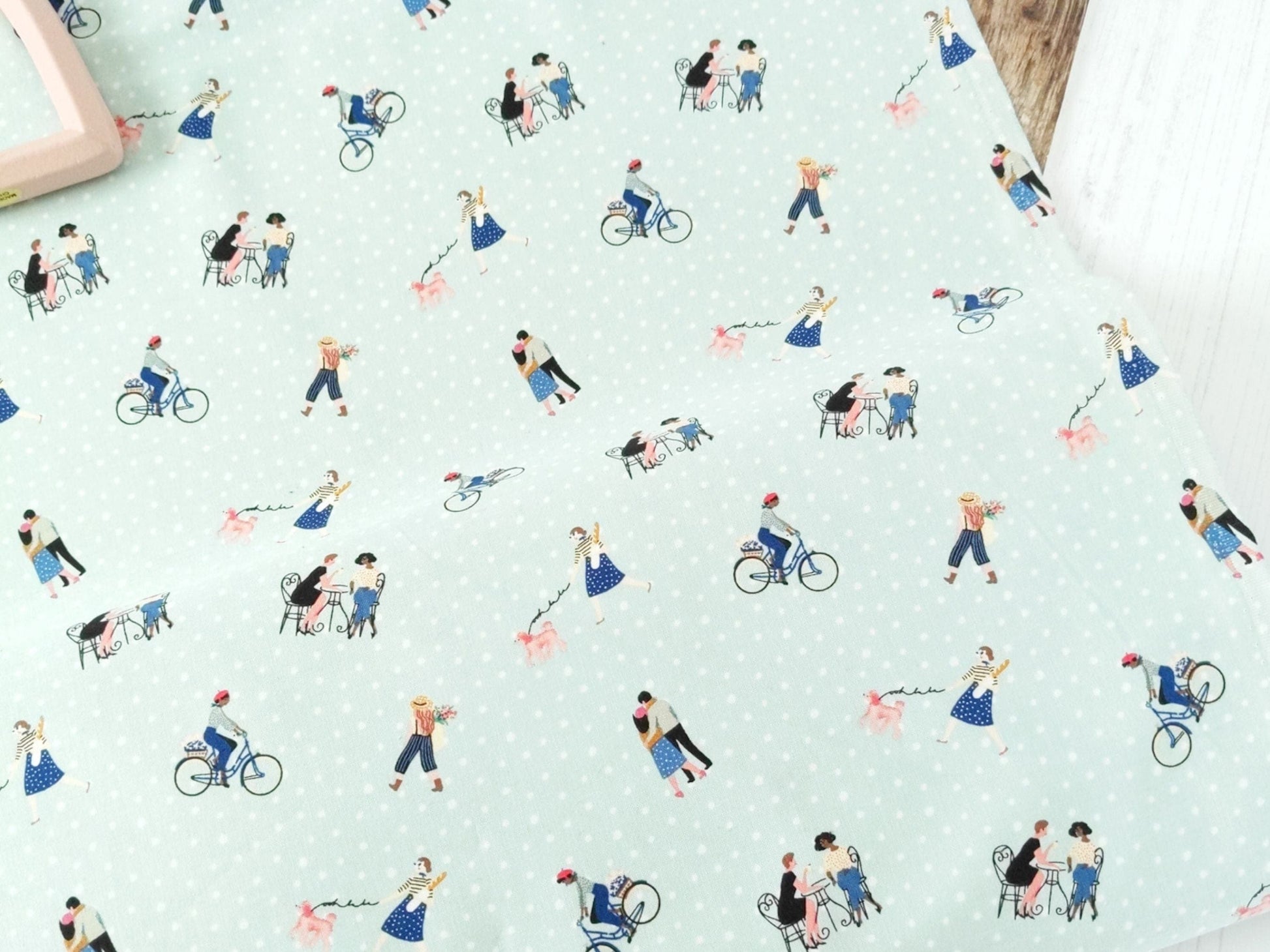Fabric Paris mint green cotton fabric with white polka dots - 'Saturday in Paris' Riley Blake