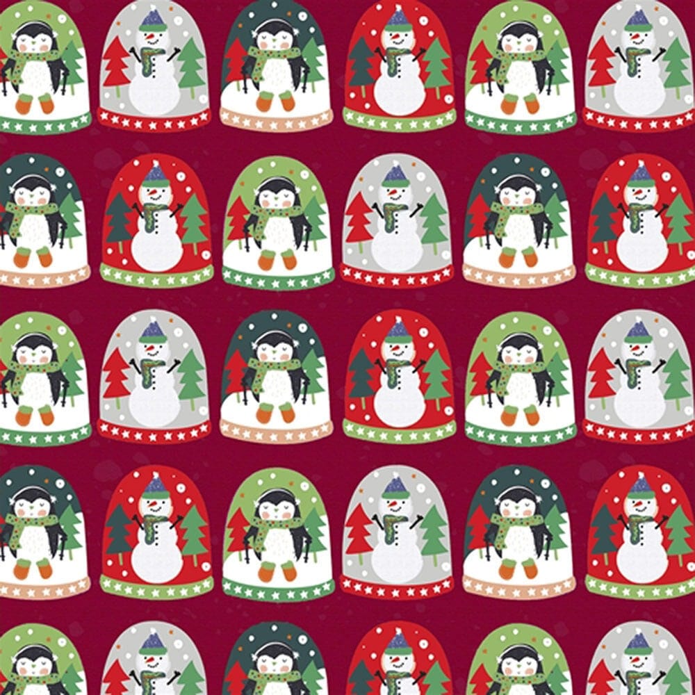 Fabric Penguin and Snowman miniature snow globes on red cotton fabric - Michael Miller