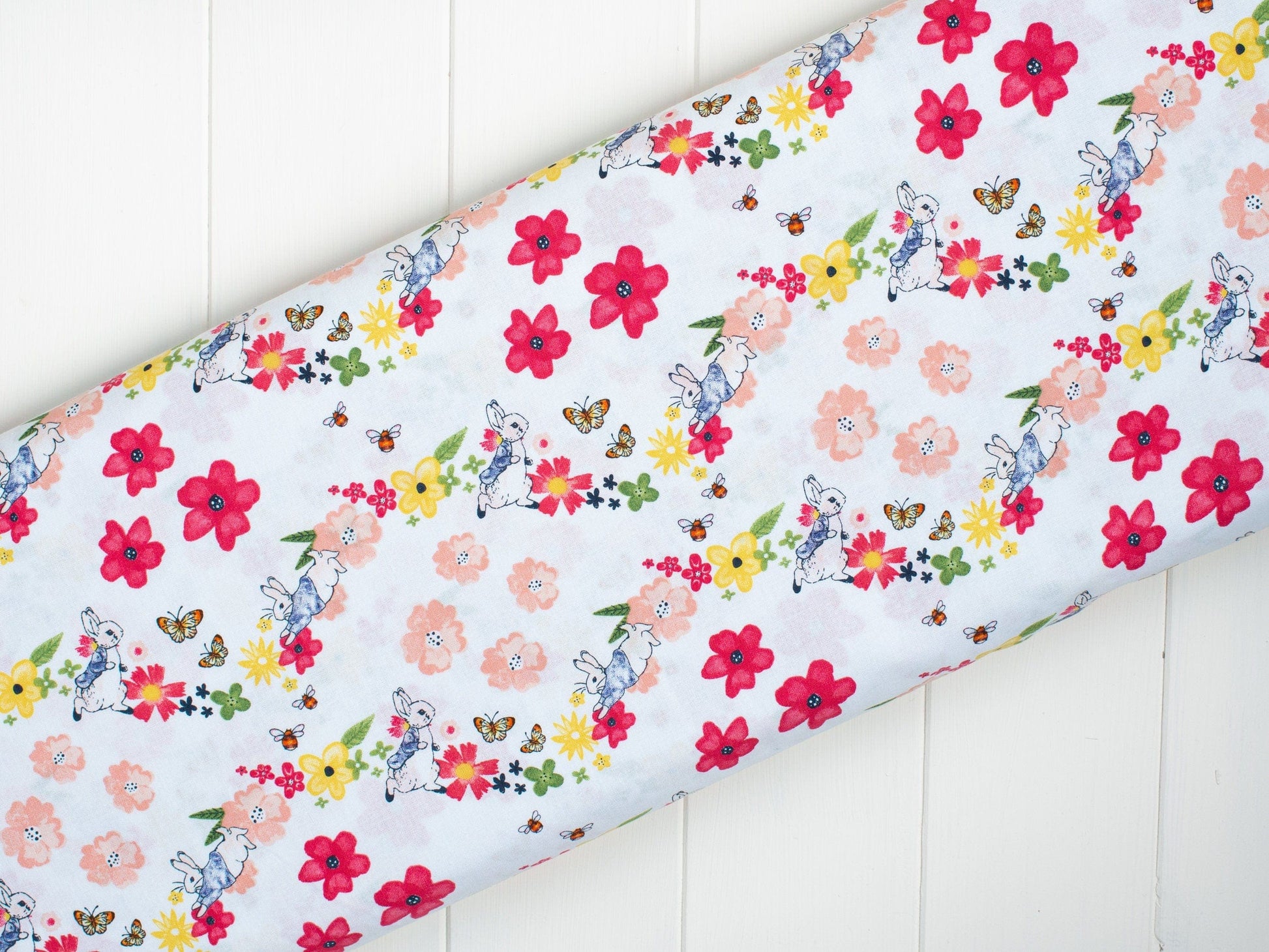 Fabric Peter Rabbit spring floral white cotton fabric  - 'Flowers and Dreams' CraftCottonCo