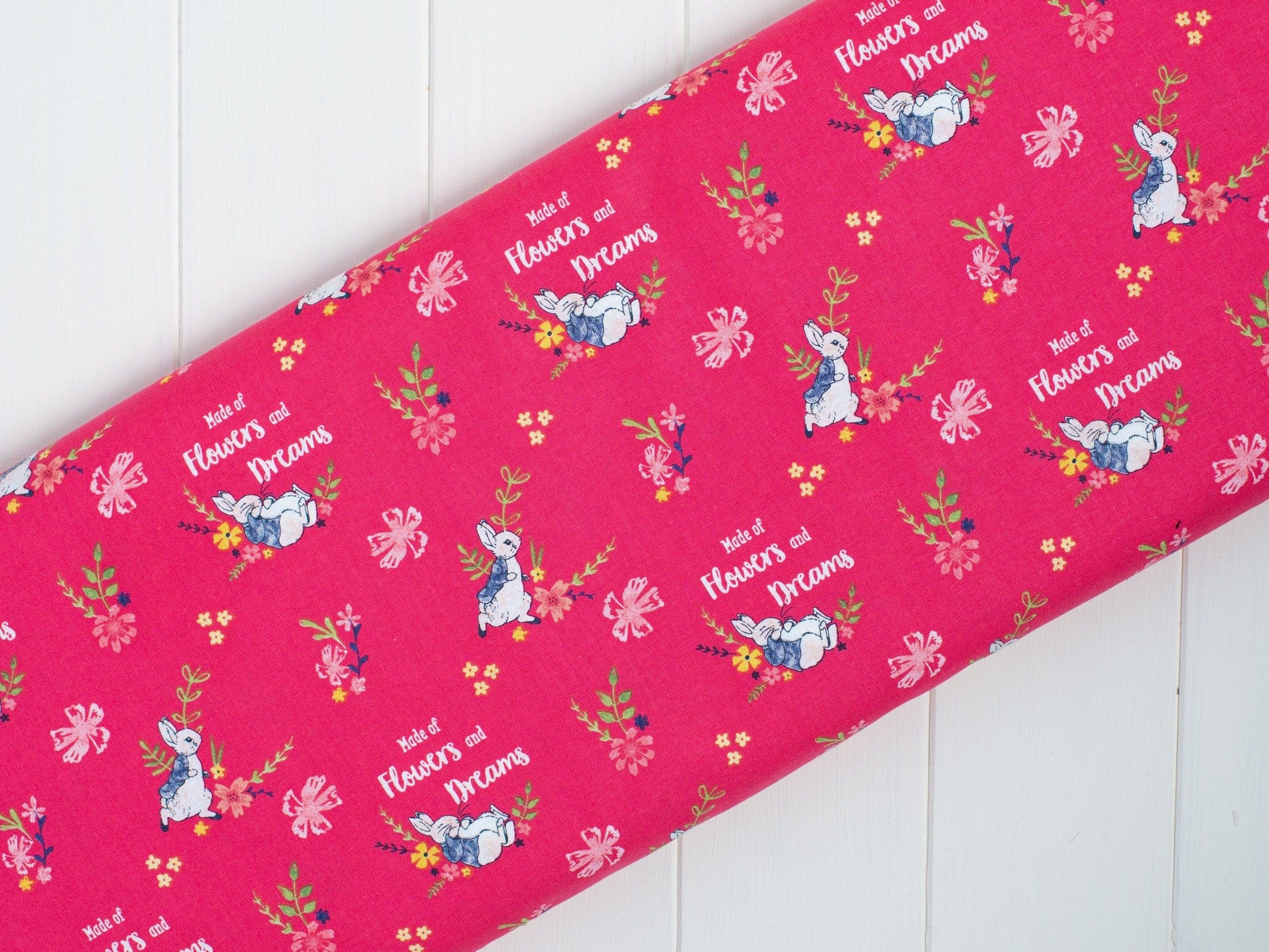 Fabric Peter Rabbit spring floral white cotton fabric  - 'Flowers and Dreams' CraftCottonCo