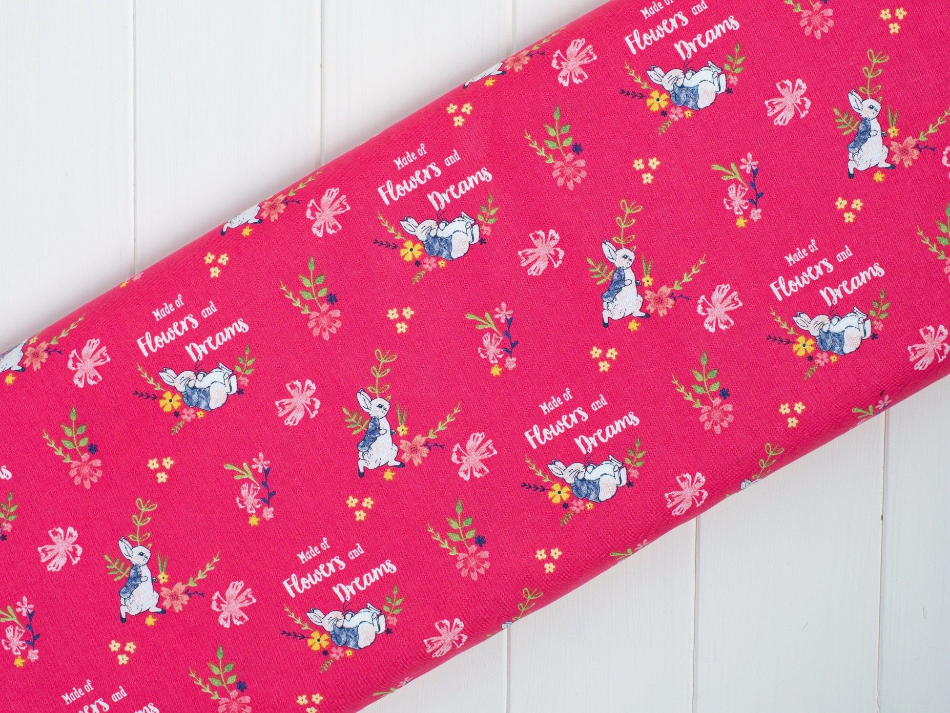 Fabric Peter Rabbit spring nursery fabric on white - 'Flowers and Dreams' CraftCottonCo