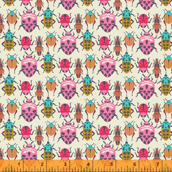 Fabric Pink Beetles on cream cotton fabric - 'Eden' Windham Fabrics