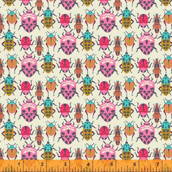 Fabric Pink Beetles on cream cotton fabric - 'Eden' Windham Fabrics