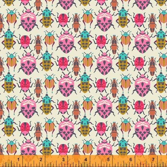 Fabric Pink Beetles on cream cotton fabric - 'Eden' Windham Fabrics