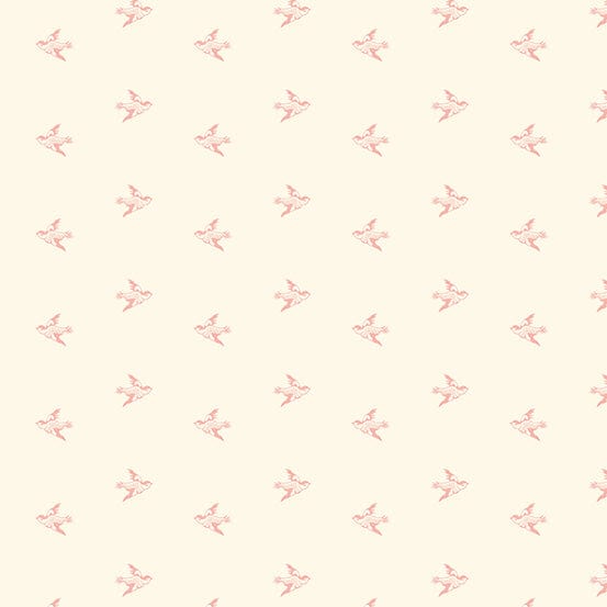 Fabric Pink birds on light cream cotton fabric - Strawberies and Cream by Laundry Basket Quilts