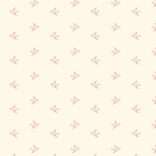 Fabric Pink birds on light cream cotton fabric - Strawberies and Cream by Laundry Basket Quilts
