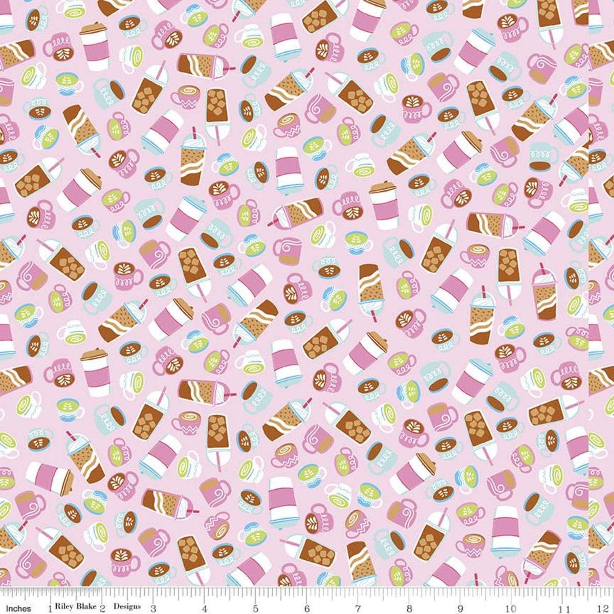 Fabric Pink coffee cups and hot chocolate quilting cotton fabric - Rainbow Fruits by Riley Blake