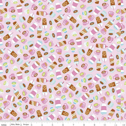 Fabric Pink coffee cups and hot chocolate quilting cotton fabric - Rainbow Fruits by Riley Blake