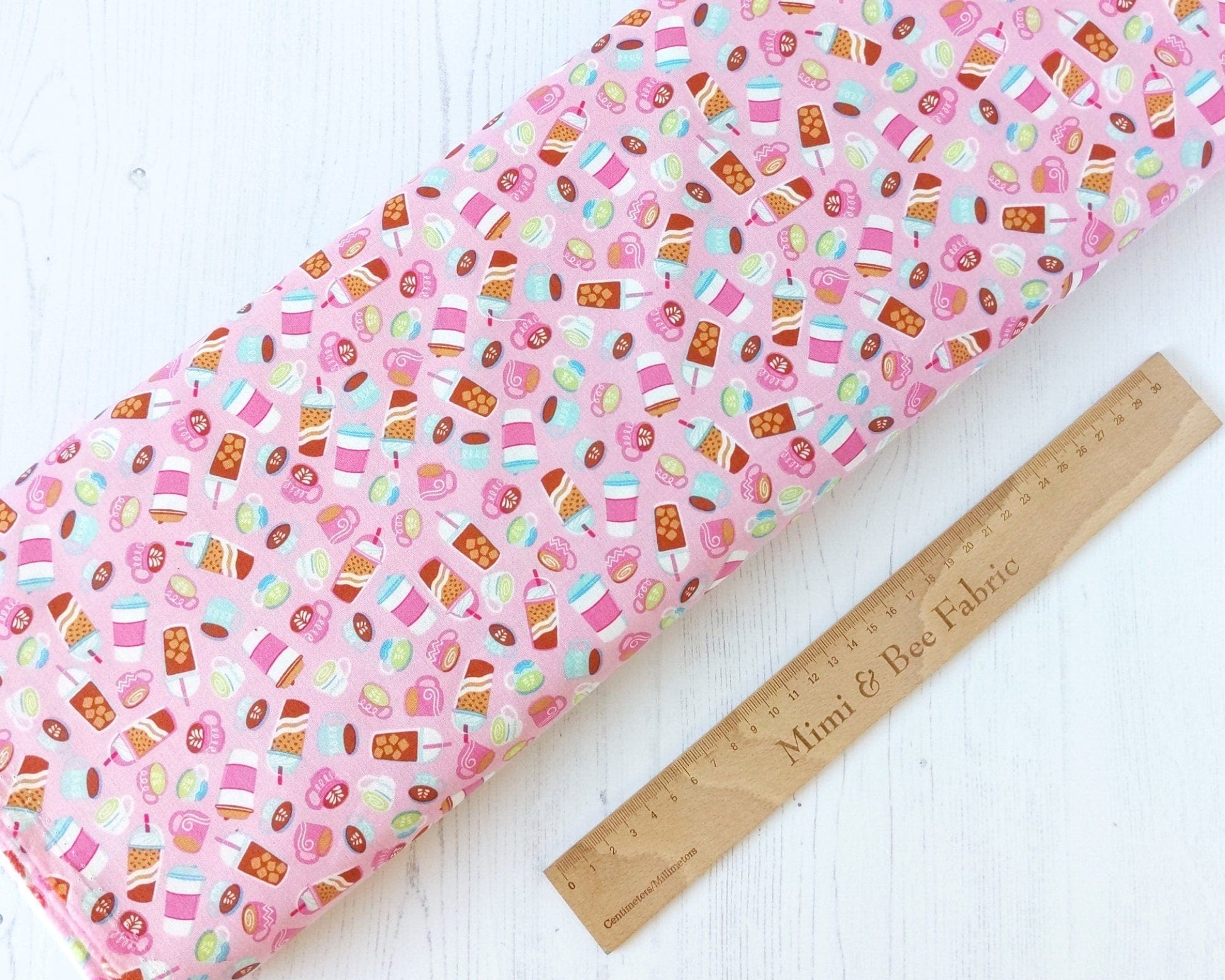 Fabric Pink coffee cups and hot chocolate quilting cotton fabric - Rainbow Fruits by Riley Blake