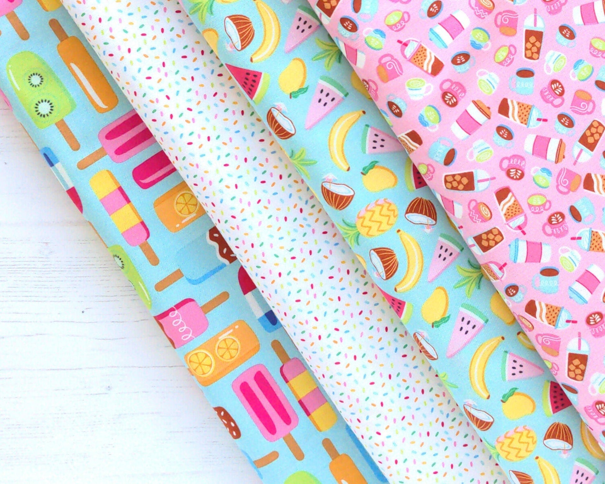 Fabric Pink coffee cups and hot chocolate quilting cotton fabric - Rainbow Fruits by Riley Blake
