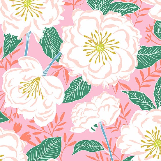 Fabric Pink cotton fabric with large white flowers - 'Flora and Fauna' Makower