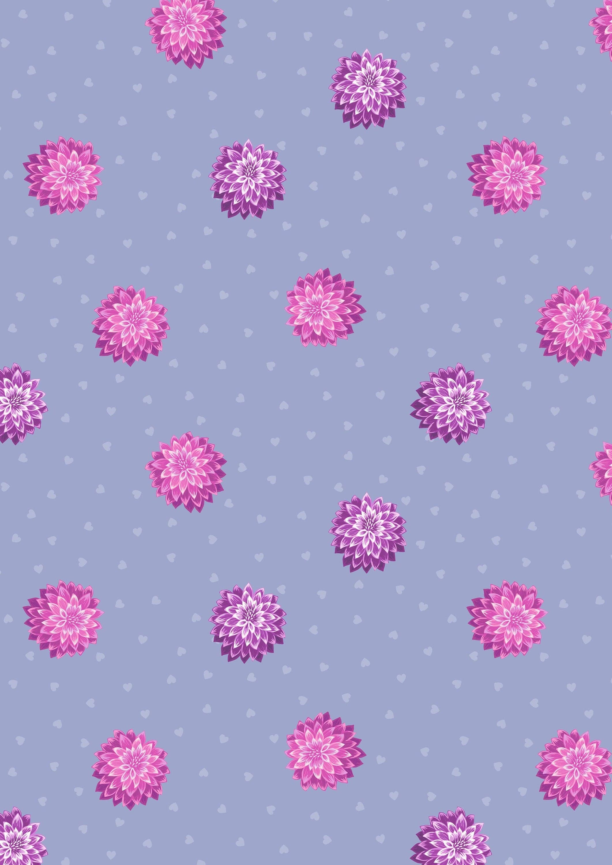 Fabric Pink Dahlia hearts on  purple cotton fabric - Love Blooms by Lewis & Irene