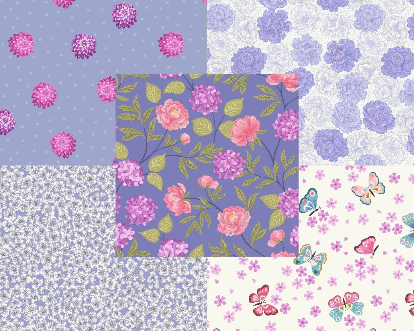 Fabric Pink Dahlia hearts on  purple cotton fabric - Love Blooms by Lewis & Irene