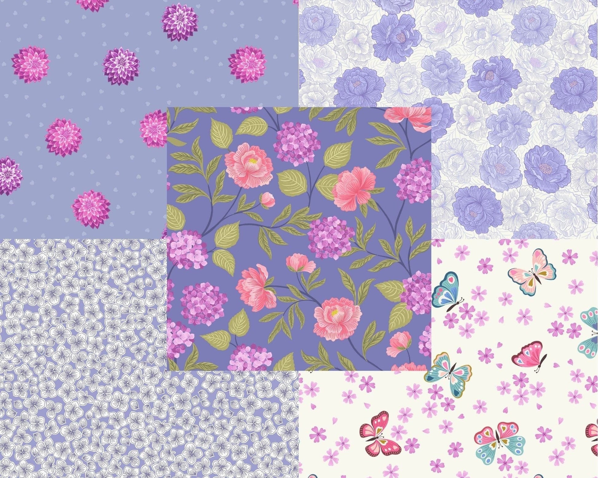 Fabric Pink Dahlia hearts on  purple cotton fabric - Love Blooms by Lewis & Irene