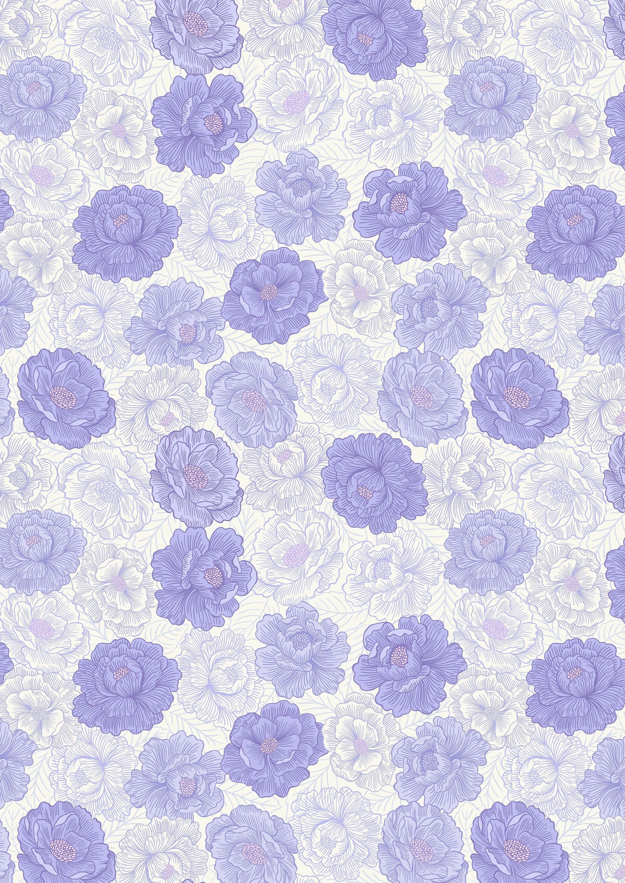 Fabric Pink Dahlia hearts on  purple cotton fabric - Love Blooms by Lewis & Irene