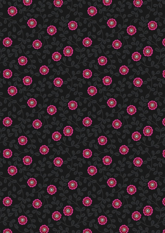 Fabric Pink Flowers on Black 100% cotton fabric - Little Matryoshka by Lewis & Irene