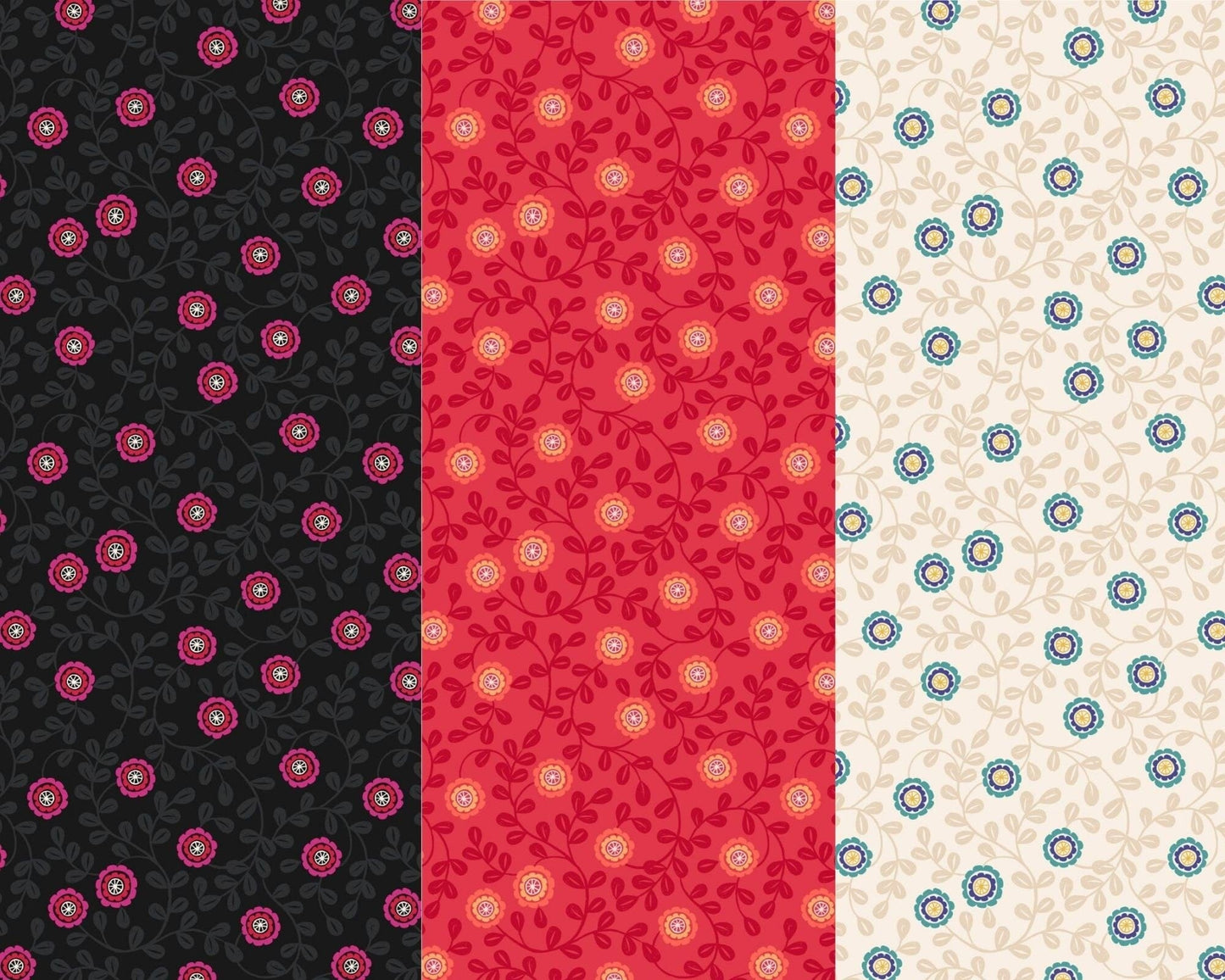 Fabric Pink Flowers on Black 100% cotton fabric - Little Matryoshka by Lewis & Irene
