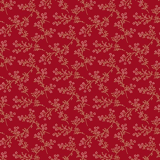 Fabric Pink flowers on deep red cotton fabric - Strawberies and Cream by Laundry Basket Quilts