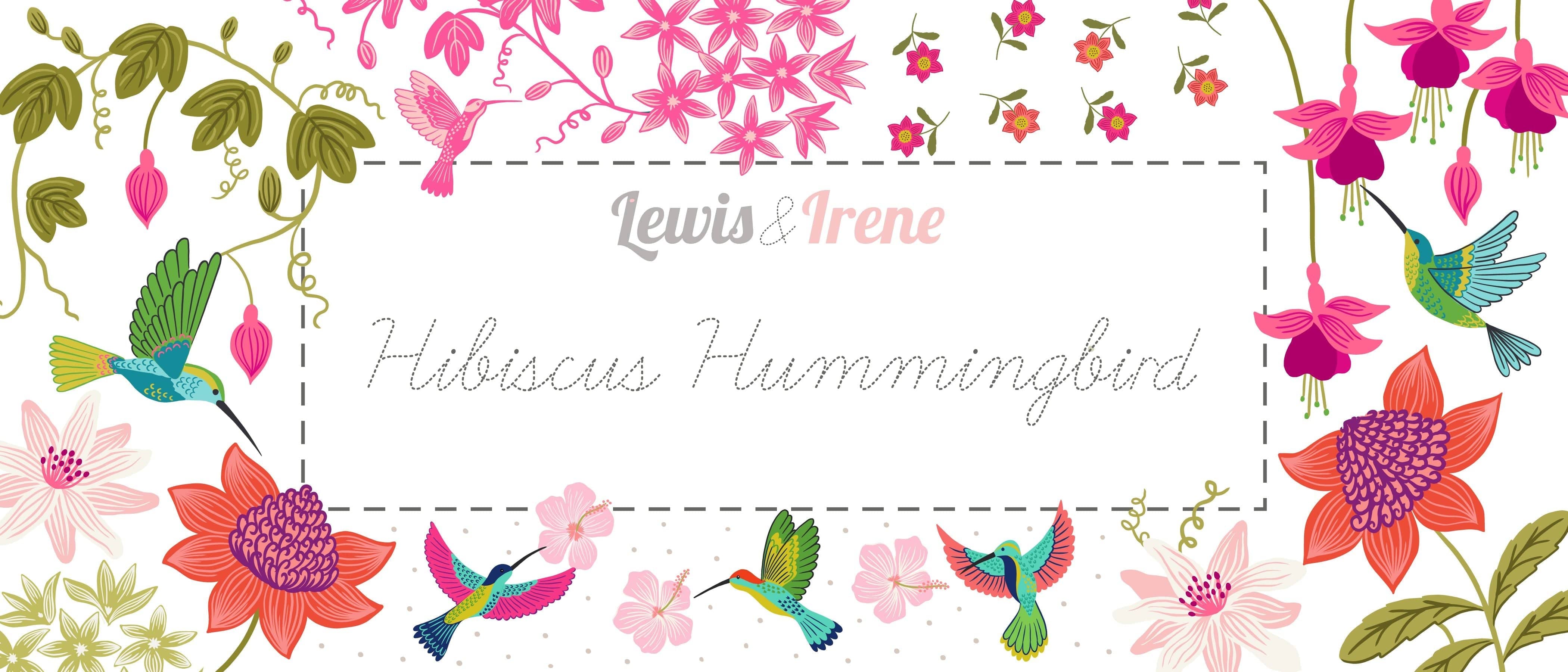 Fabric Pink hibiscus on blue cotton 'Hibiscus Hummingbird' -Lewis & Irene