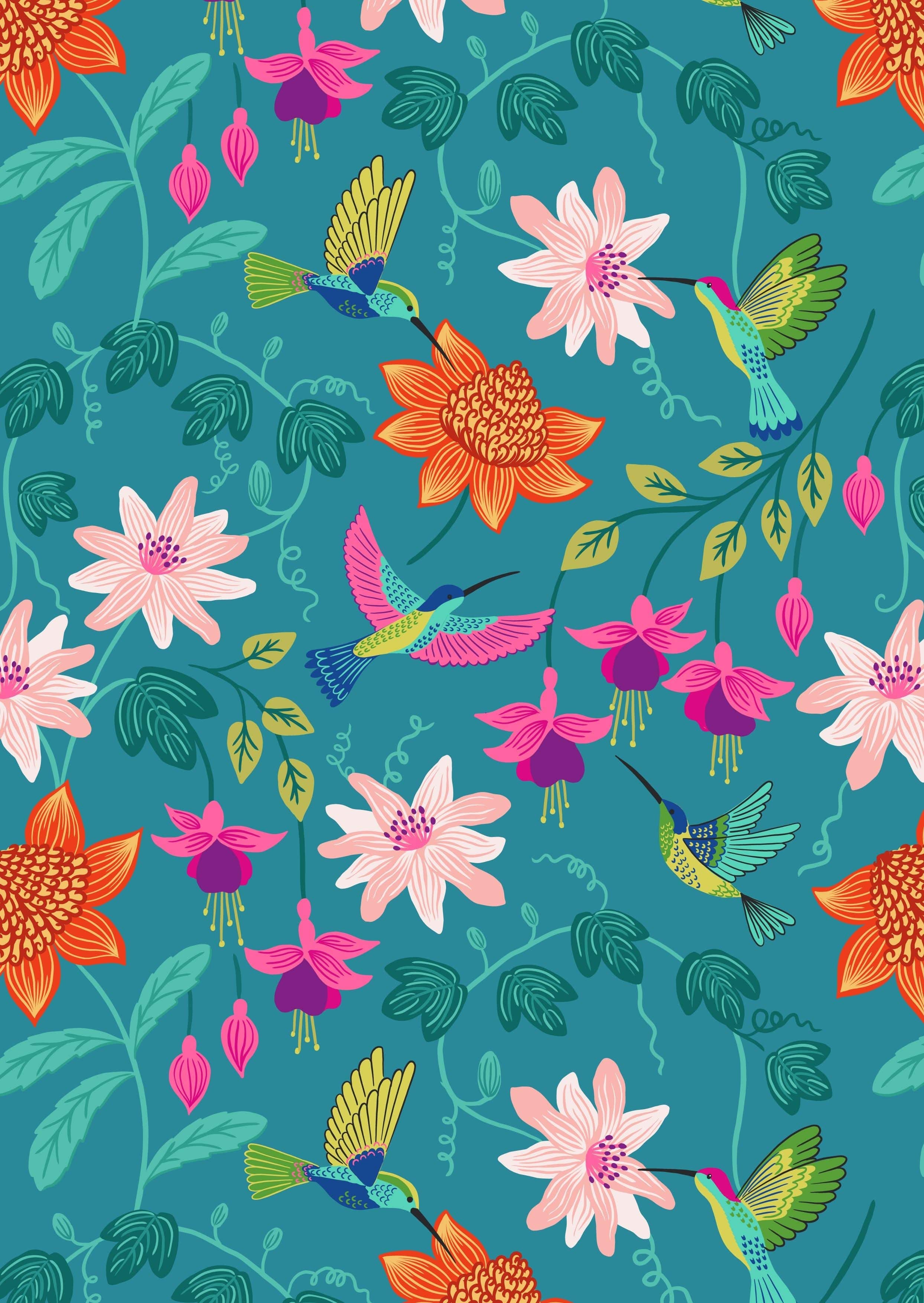 Fabric Pink hibiscus on blue cotton 'Hibiscus Hummingbird' -Lewis & Irene