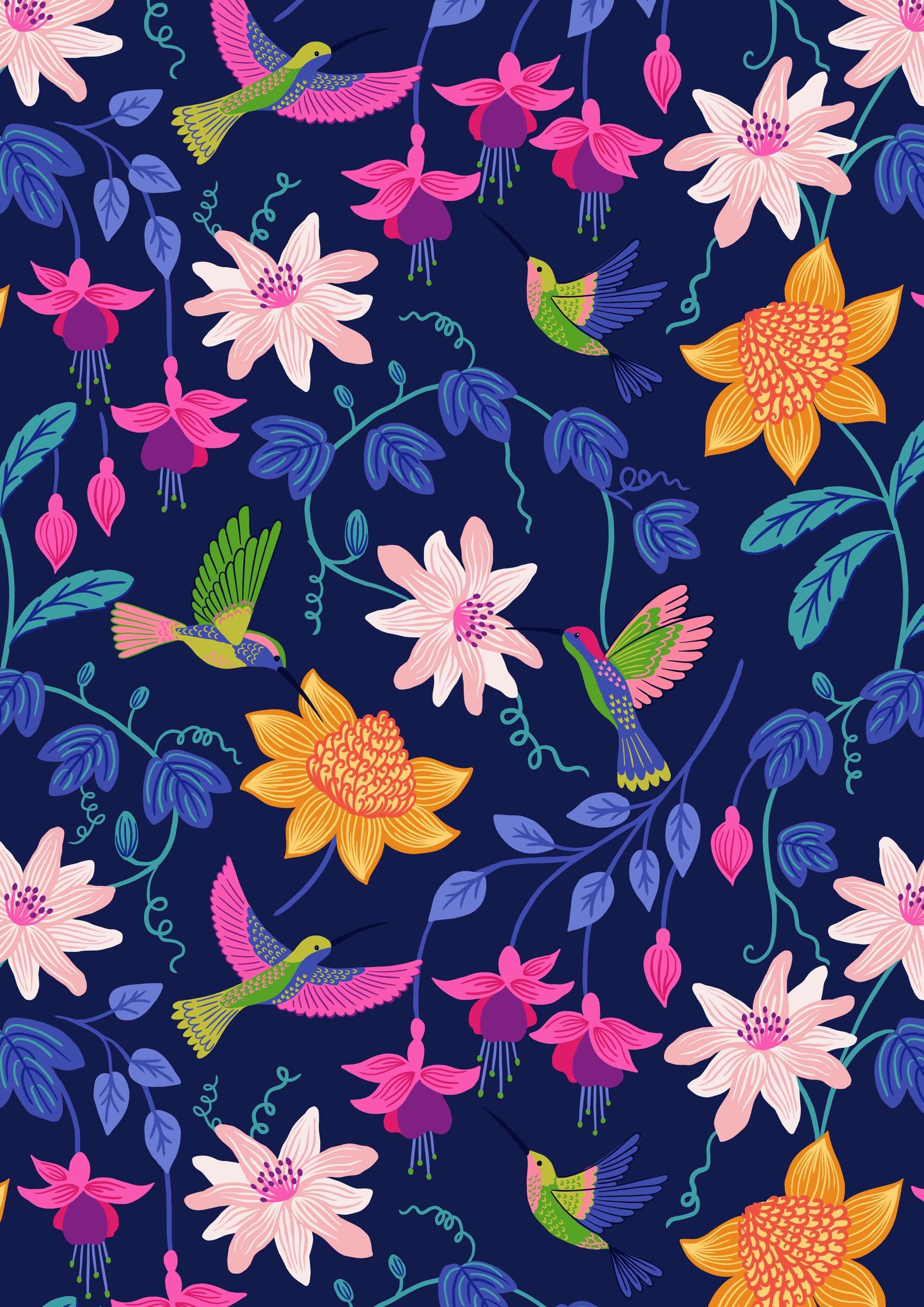 Fabric Pink hibiscus on blue cotton 'Hibiscus Hummingbird' -Lewis & Irene