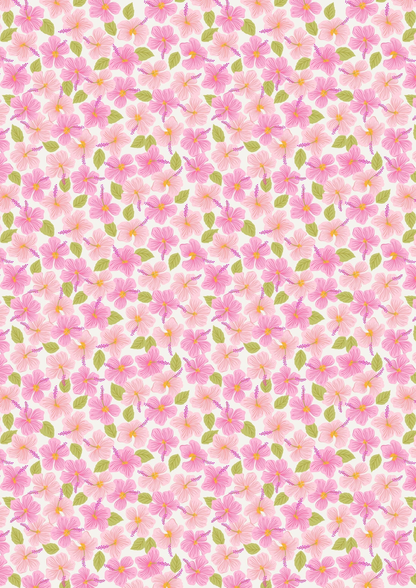 Fabric Pink hibiscus on cream cotton 'Hibiscus Hummingbird' -Lewis & Irene