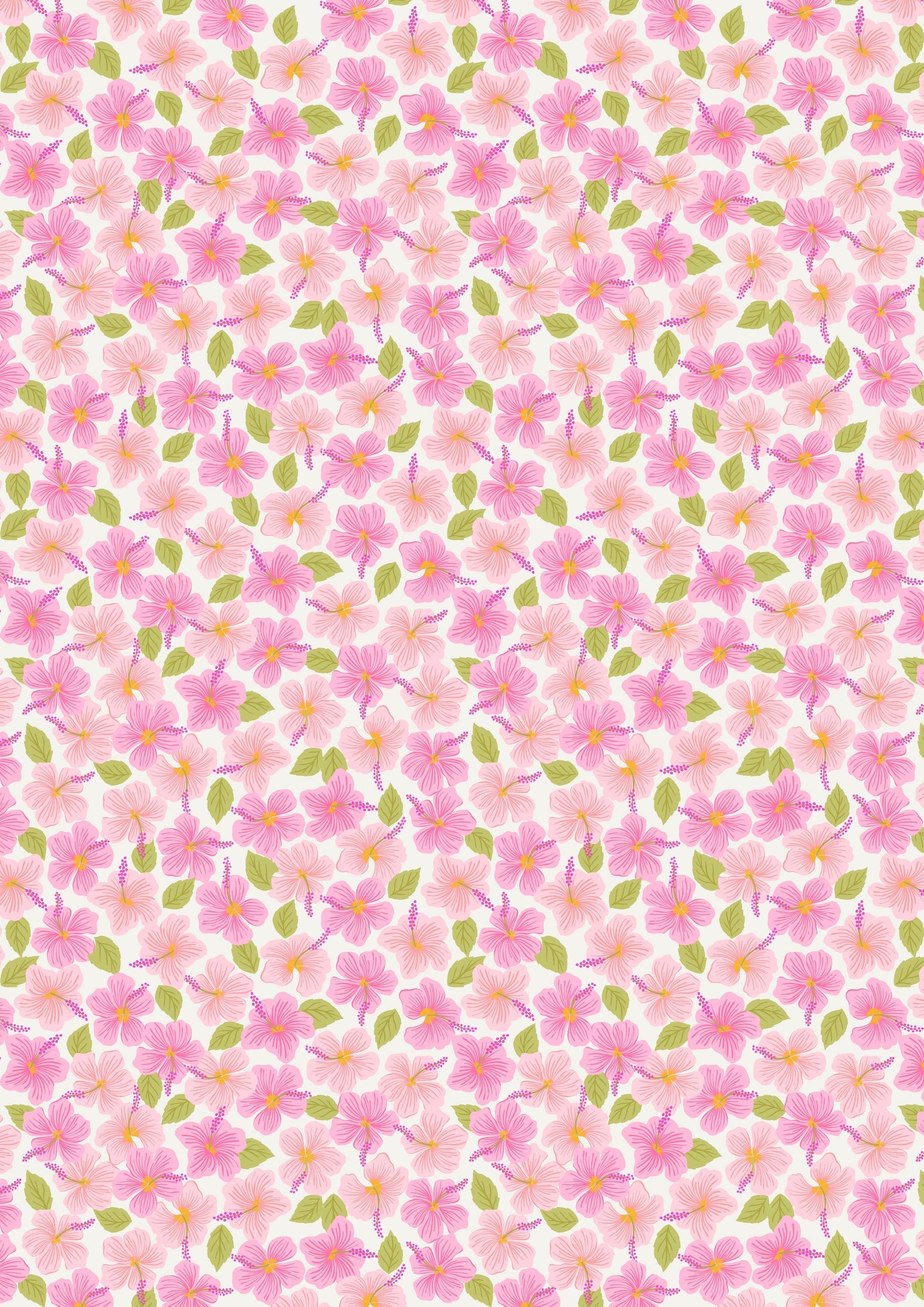 Fabric Pink hibiscus on cream cotton 'Hibiscus Hummingbird' -Lewis & Irene