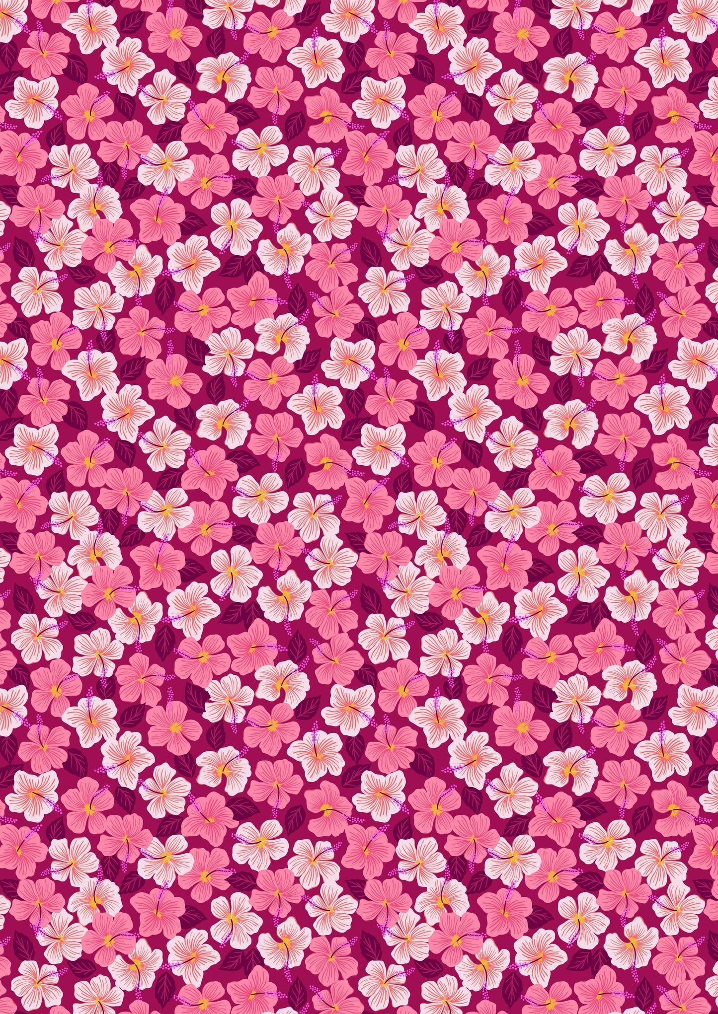 Fabric Pink hibiscus on cream cotton 'Hibiscus Hummingbird' -Lewis & Irene