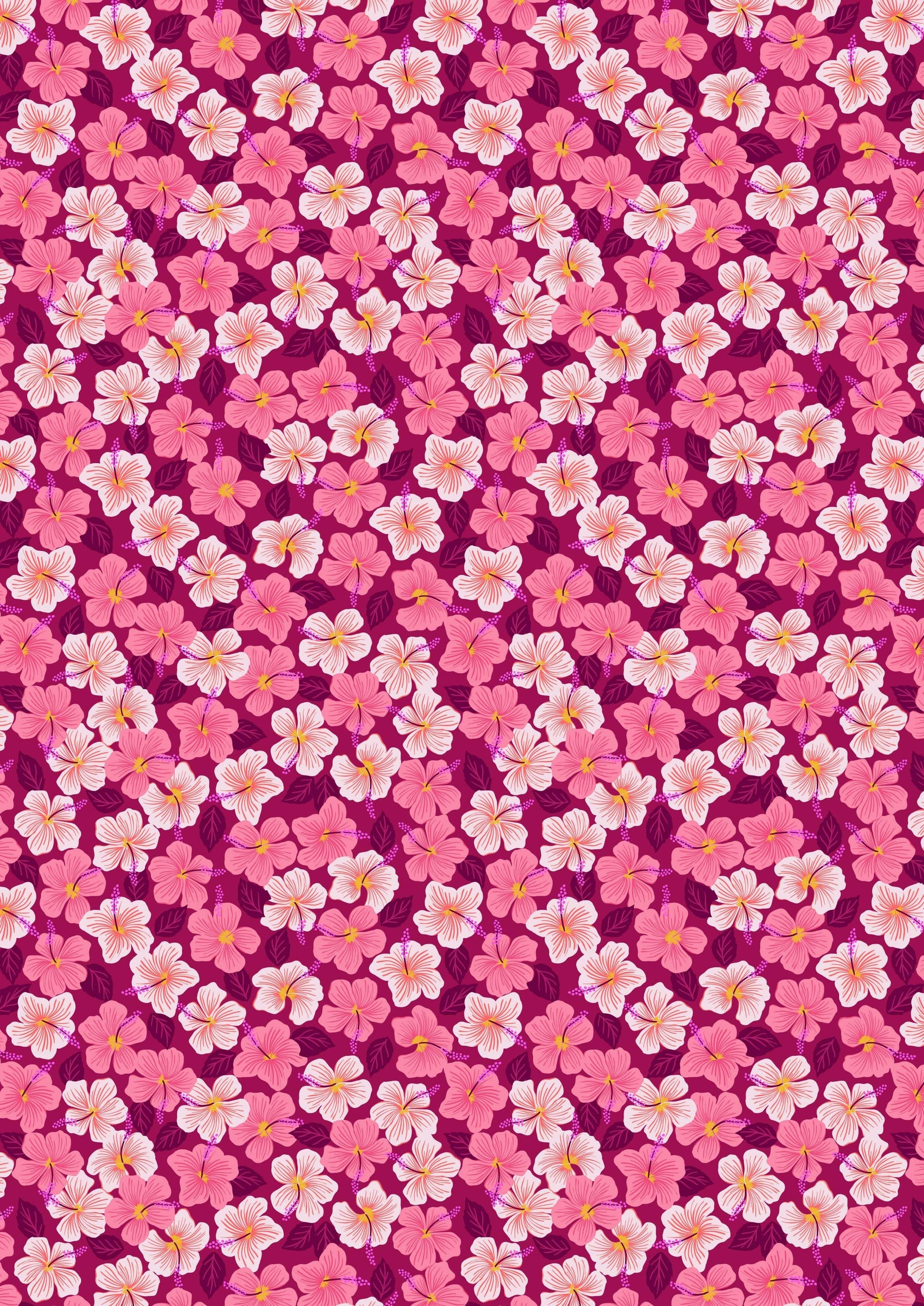 Fabric Pink hibiscus on cream cotton 'Hibiscus Hummingbird' -Lewis & Irene