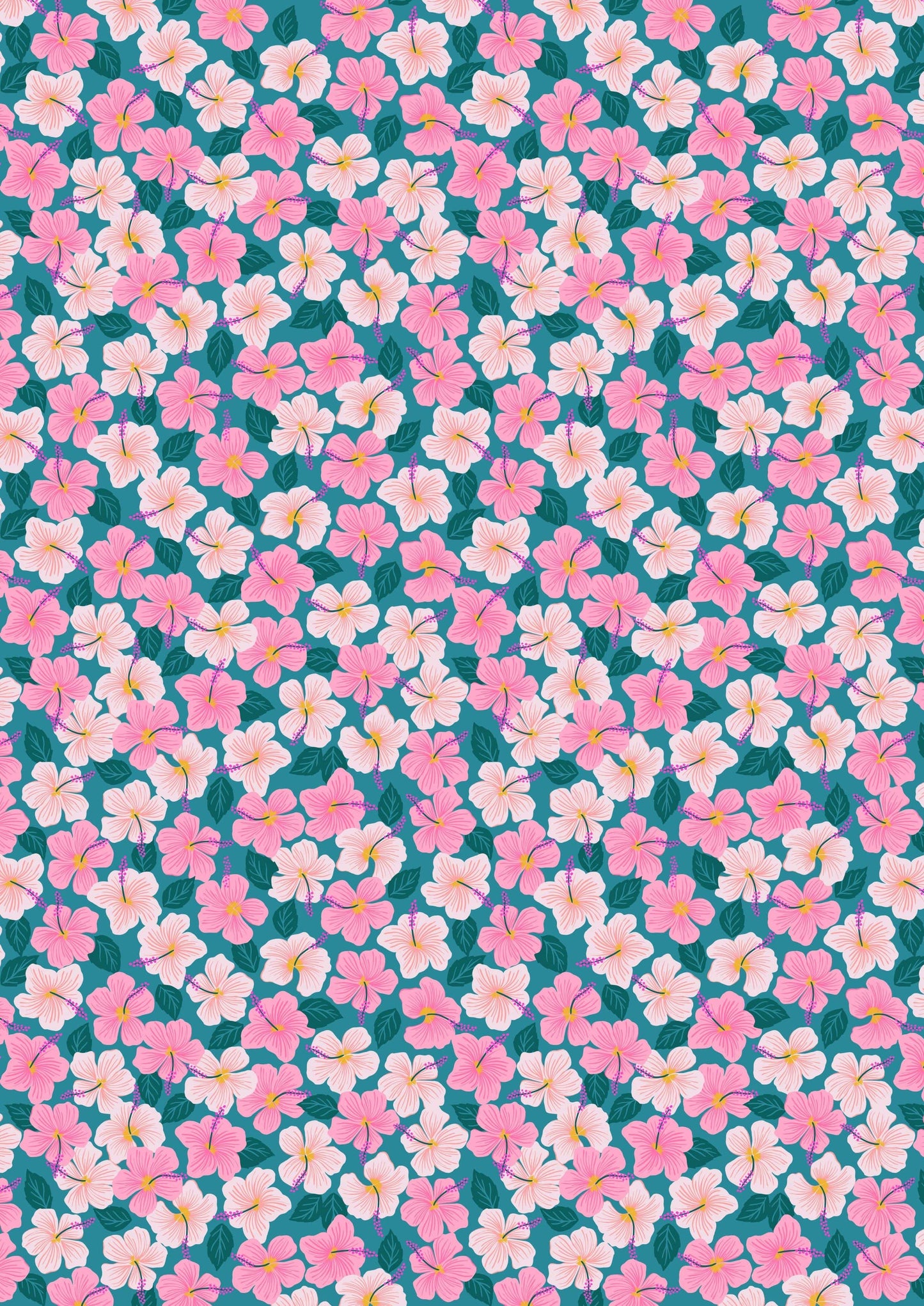 Fabric Pink hibiscus on cream cotton 'Hibiscus Hummingbird' -Lewis & Irene