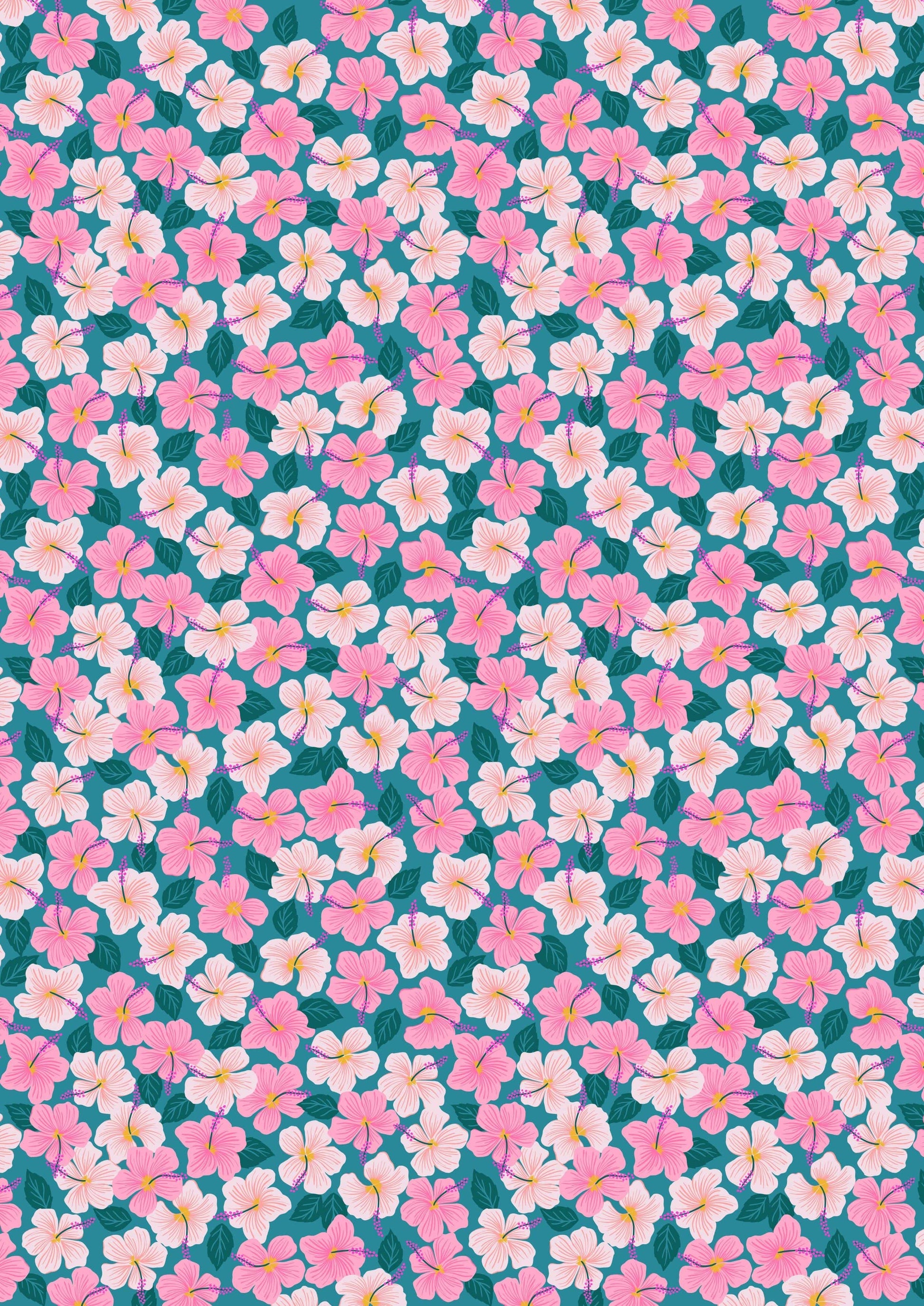 Fabric Pink hibiscus on cream cotton 'Hibiscus Hummingbird' -Lewis & Irene