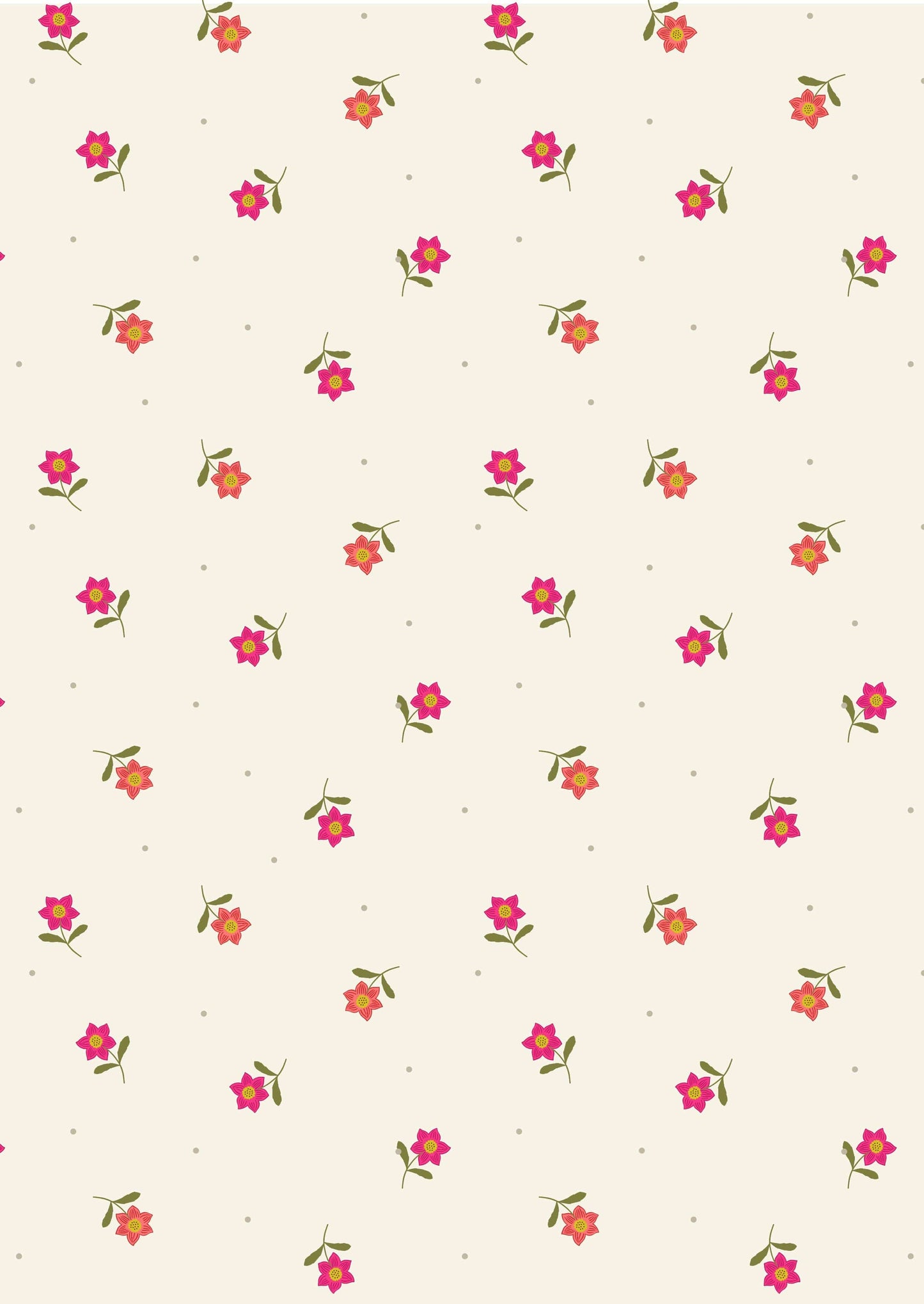 Fabric Pink hibiscus on cream cotton 'Hibiscus Hummingbird' -Lewis & Irene